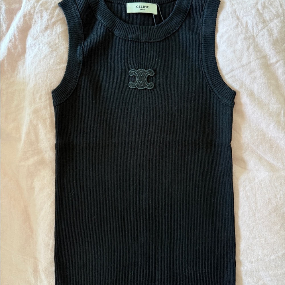 Celine Black Ribbed Sleeveless Tank with Logo Patch